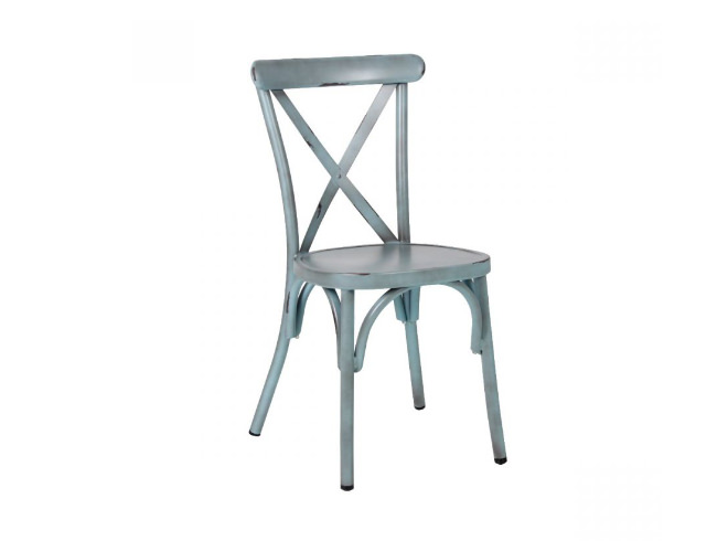 Blue metal cross back chair