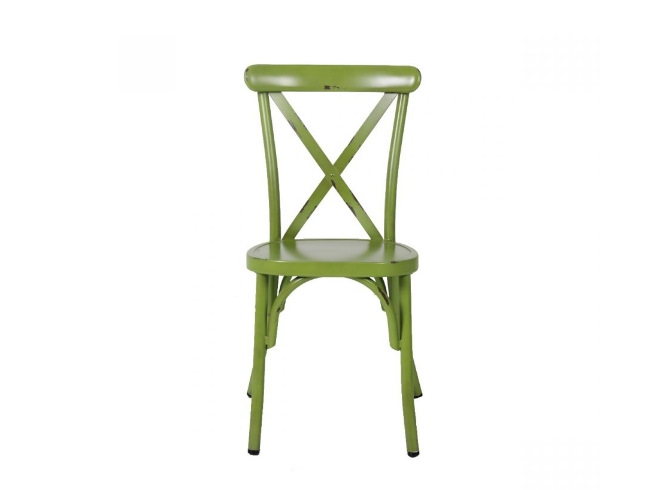 green metal cross back chair