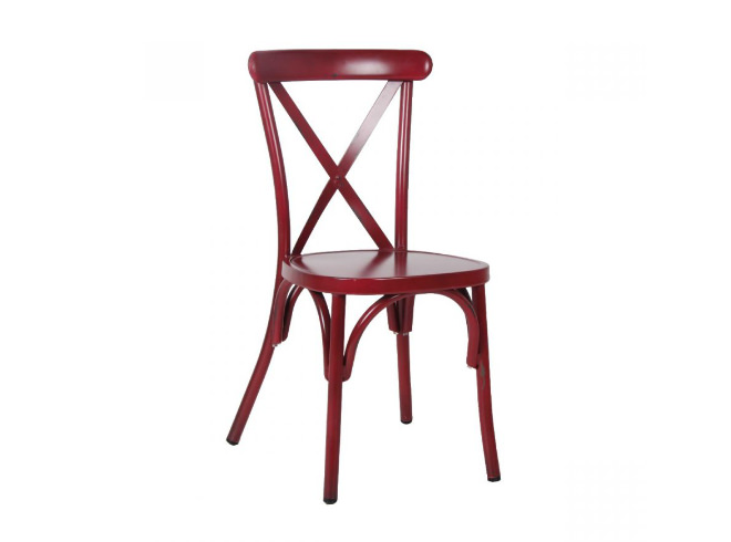 Red metal cross back chair