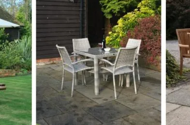 3 images of outdoor furniture, a round 8 seater picnic table, a square grey rattan table and chairs and a square teak dining table and chairs