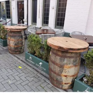 wooden barrel bar table