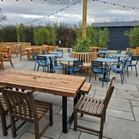 Discovery table, Harbury chairs, Teak tree bench, Bexley chairs