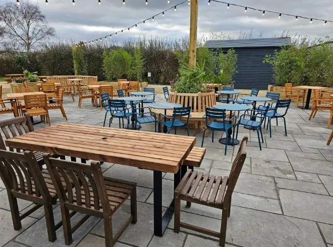 Discovery table, Harbury chairs, Teak tree bench, Bexley chairs